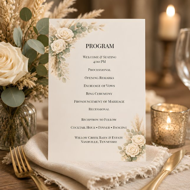 Programme Fleurs Rustiques de Luxe avec Herbe de Pampas (Part of the luxury rustic wedding theme collection, program card)