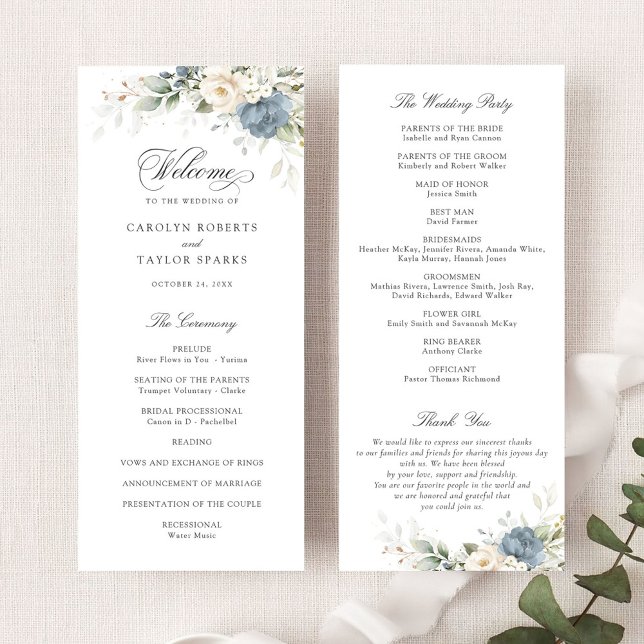 Programme Floral Dusty Blue White Greenery Wedding Program (Créateur téléchargé)