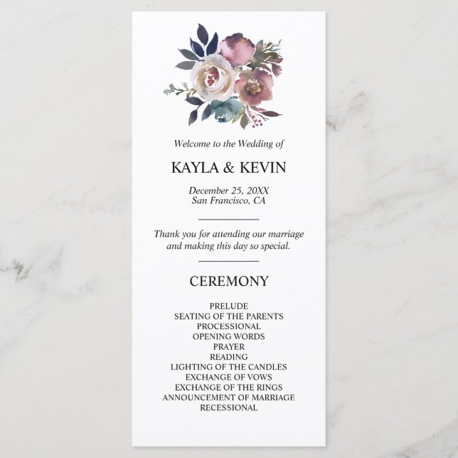 Programme Floral Dusty Rose Mauve Marine Blue Mariage cérémo (Devant)