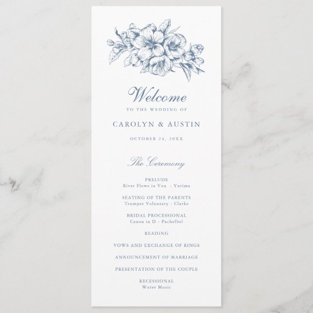 Programme Floral Elegant Vintage Botanique Bleu Mariage (Devant)