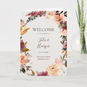 Programme Floral Orange Bourgogne Mariage plié beige