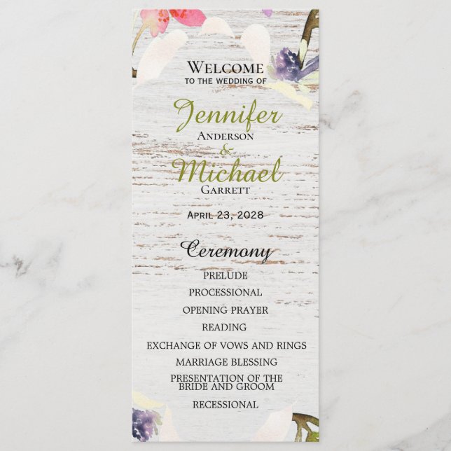 Programme Flores roses rustiques sur Mariage de bois blanc (Devant)