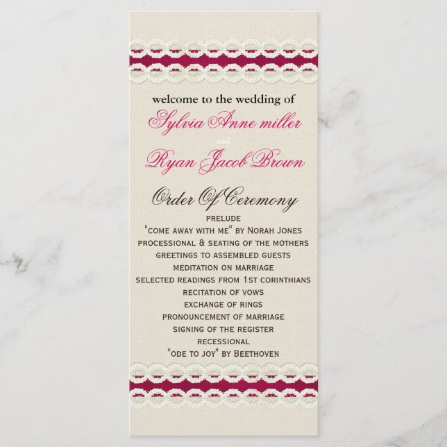 Programme Fuchsia Rustic mariage de tonneau et dentelle (Devant)