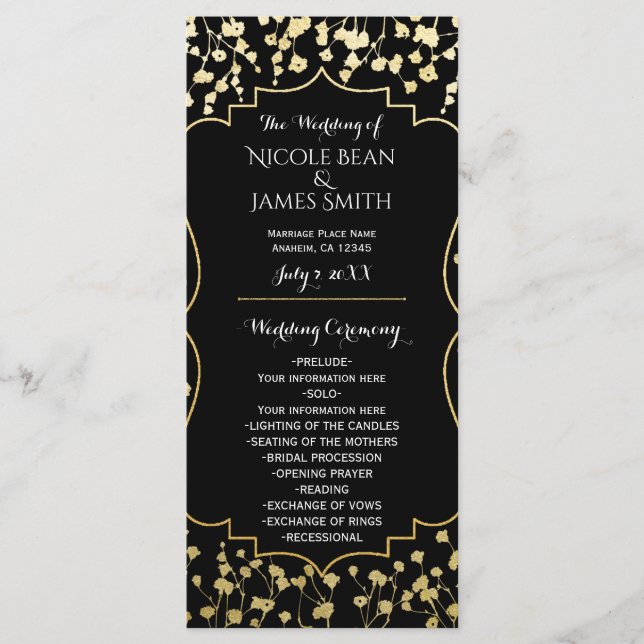 Programme Gold Baby's Breath Floral Black Wedding Program (Devant)