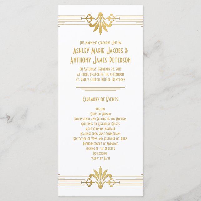Programme Gold White Roaring 20s Art Déco Wedding Program (Devant)