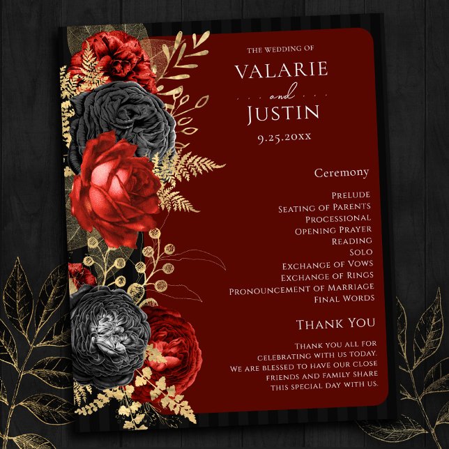 Programme gothique de mariage floral rouge et noir (Créateur téléchargé)