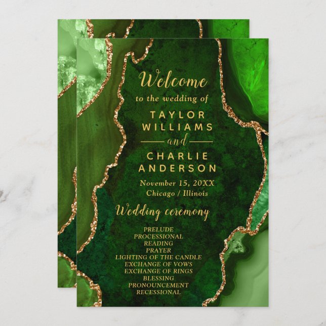 Programme Green and Gold Agate Wedding Program (Devant / Derrière)