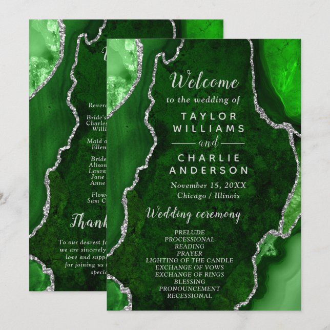 Programme Green and Silver Agate Wedding Program (Devant / Derrière)