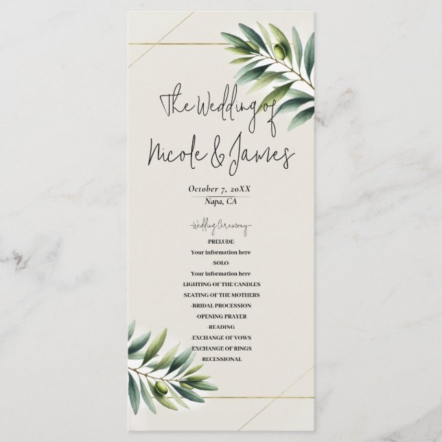 Programme Green Olive Leaf Bone White & Gold Rustic Programm (Devant)