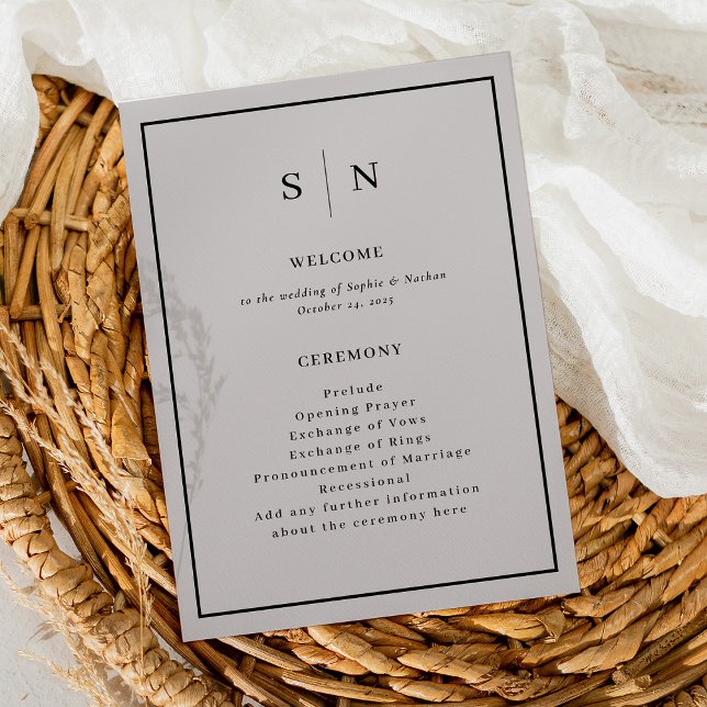 Programme Gris minimal et chic avec Mariage frontière noir (A minimal and chic wedding program in soft gray and black, with your monogram)