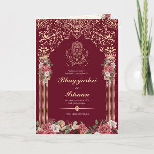 Programme Guide de cérémonie Mariage hindoue (Rouge, Or Rose