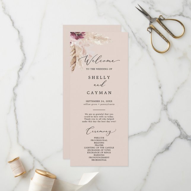 Programme Herbe Boho Pampas | Peach Wedding Program (Devant/Arrière en situation)