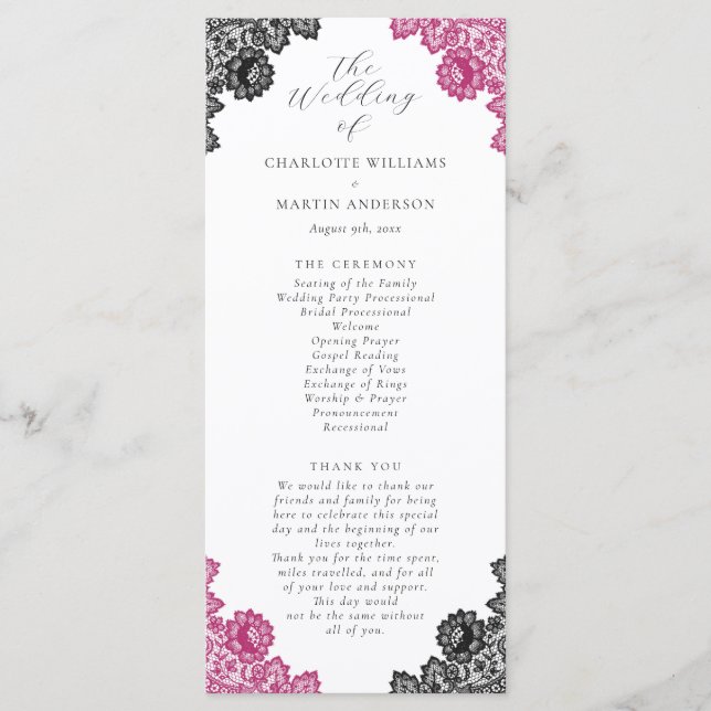 Programme Hot Pink and Black Floral Lace Wedding (Devant)