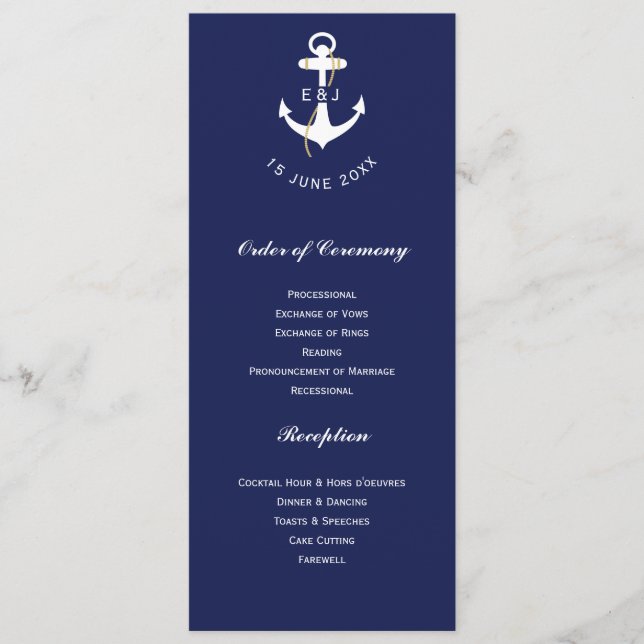 Programme Initiales de mariage nautique d'ancre élégante (Devant)