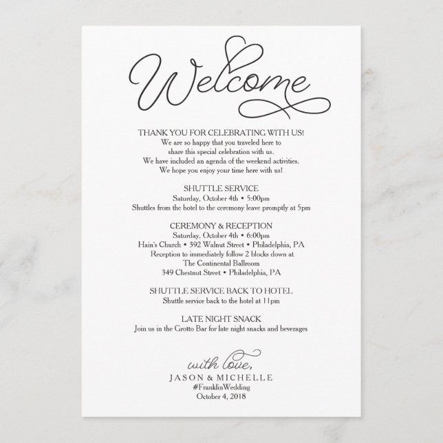 Programme Itinéraire de mariage - lettre bienvenue de (Devant)