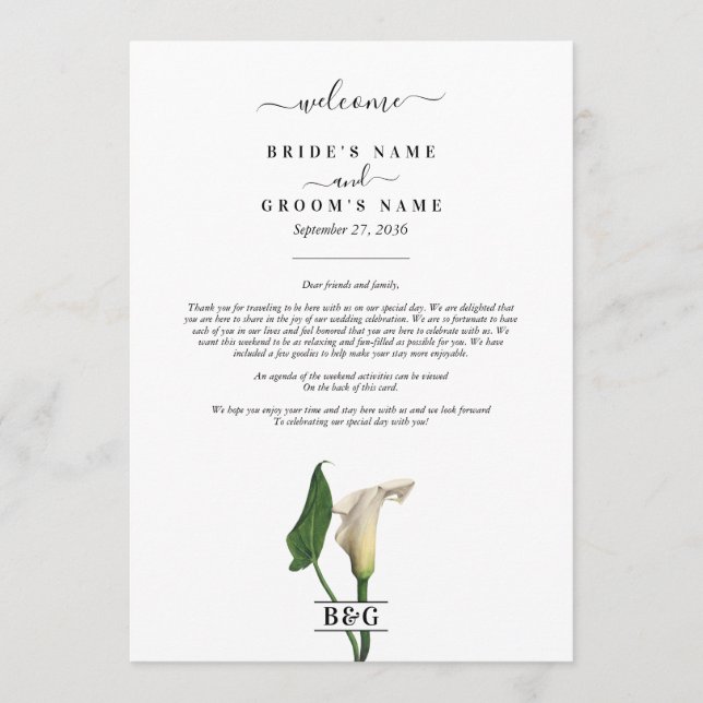 Programme Itinéraire du Mariage botanique de Calla Lily (Devant)