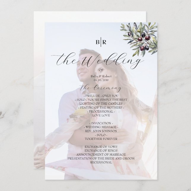 Programme Ivory Olive Monogram Photo Wedding Program (Devant / Derrière)