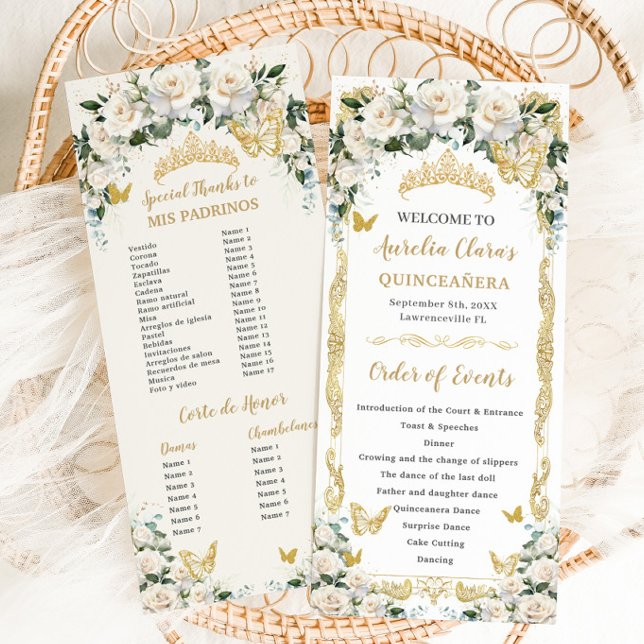 Programme Ivory White Floral Quinceañera Ordre des événement (white ivory roses floral gold quinceanera padrinos corte de honor order of events slim program cards)