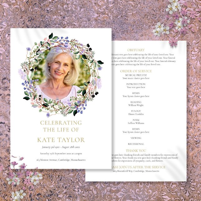 Programme Lavande Florale Photo Funérailles Ordre de service (Lavender Floral Photo Funeral Order Of Service Program)