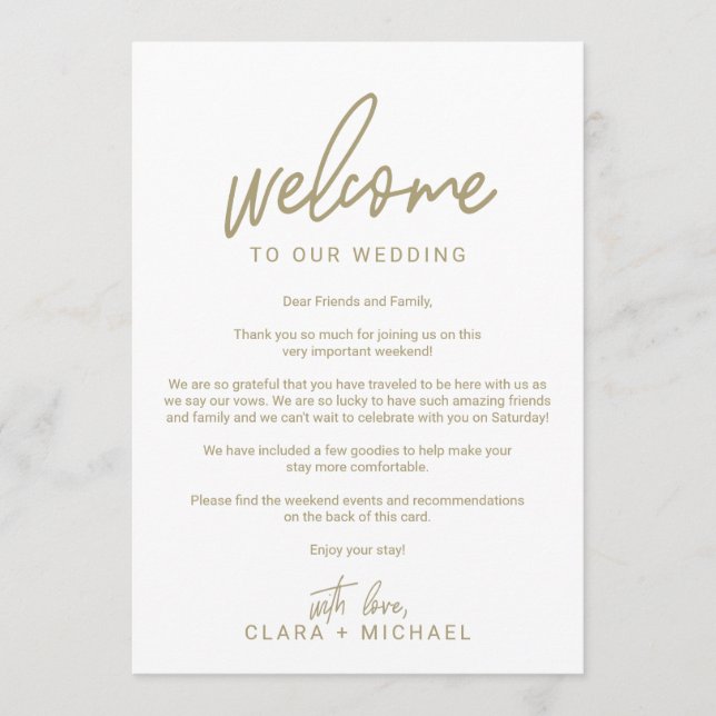 Programme Lettre de bienvenue de mariage à calligraphie doré (Devant)