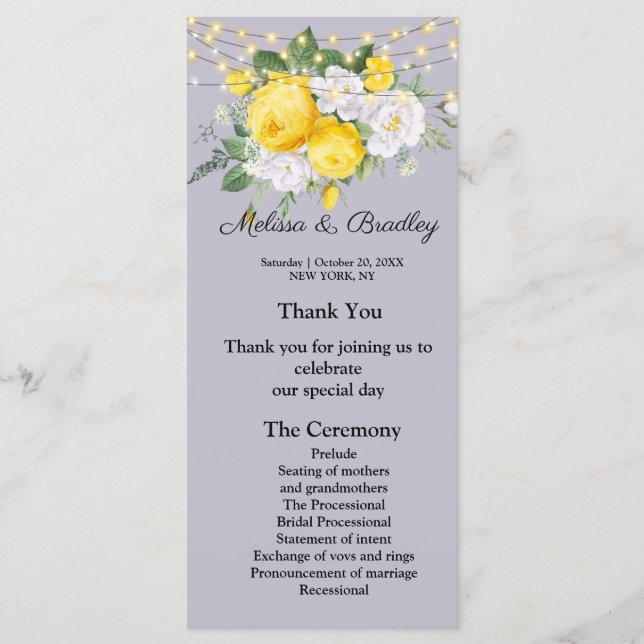 Programme Lumières rustiques Jaune Floral Menu.Programme de  (Devant)