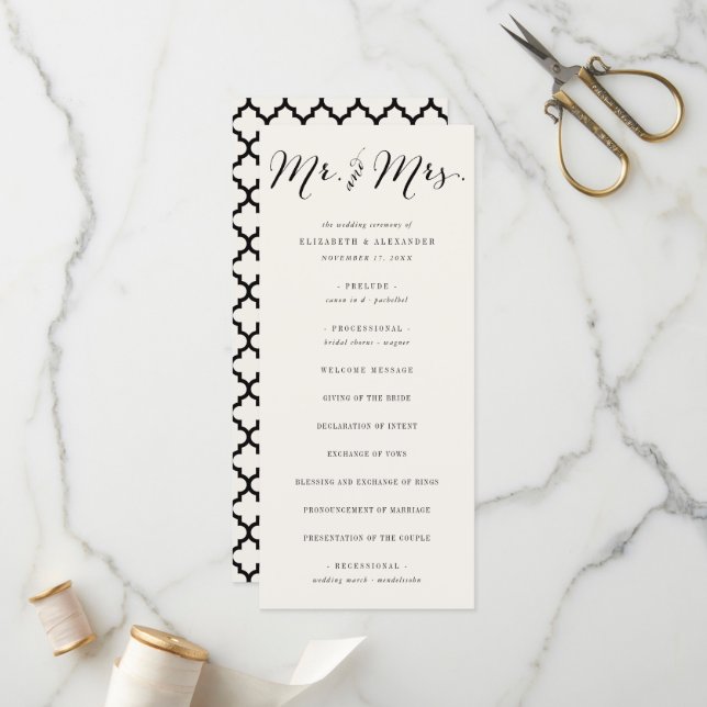 Programme M. & Mme Calligraphie Script Mariage géométrique c (Devant/Arrière en situation)