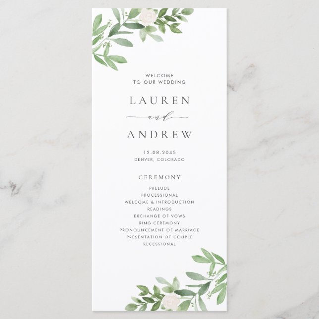 Programme Mariage à l'aquarelle avec verdure et fleurs blanc (Devant)