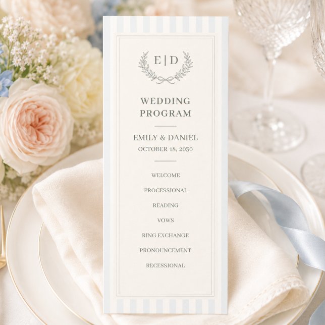 Programme Mariage à monogramme rayé bleu et sauge (Créateur téléchargé)