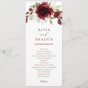 Programme Mariage aquarelle floral rouge vin de Bourgogne