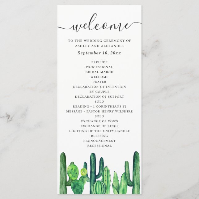 Programme Mariage aquarelle vert cactus et succulentes (Devant)