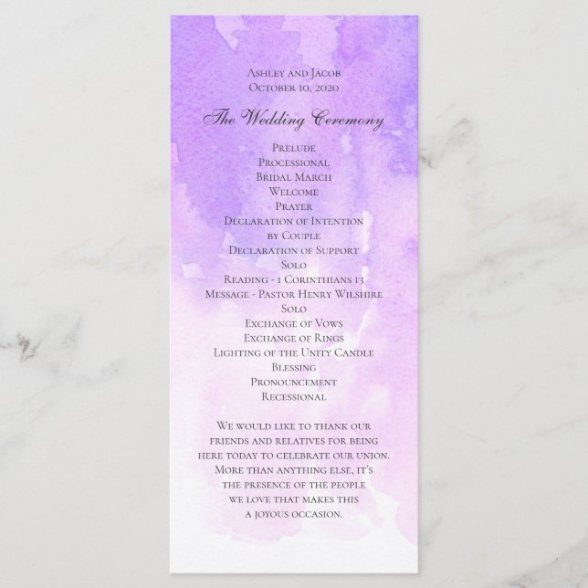 Programme Mariage aquarelle violet. Élégant lilas violet (Devant)