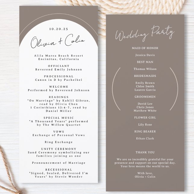 Programme Mariage Arché Détails de la cérémonie pe (Arched Wedding Program Custom Ceremony Details Taupe Order of Service Personalized Keepsake Elegant)