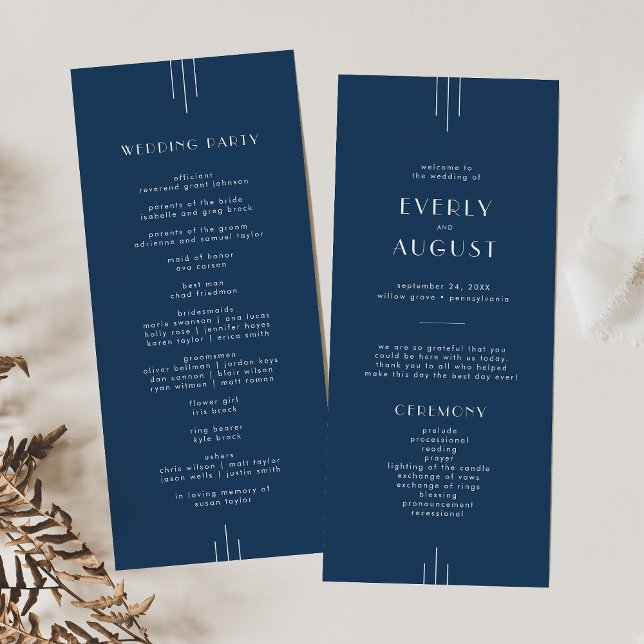 Programme Mariage bleu marine Art déco moderne classique EVE (EVERLY Classic Modern Art Deco Navy Blue Wedding Program)
