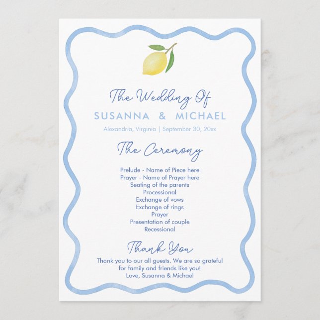 Programme Mariage Boho Pale Blue Wavy Border Lemons (Devant)