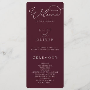 Programme Mariage calligraphié élégant bordeaux