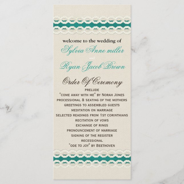 Programme mariage campagnard turquoise Rustique et dentelle (Devant)