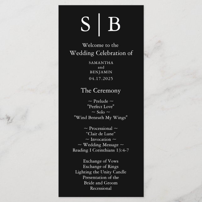 Programme Mariage Classique Monogramme Noir et Blanc (Devant)