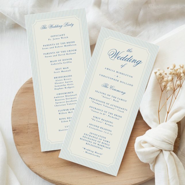 Programme Mariage Classique Rayures Bleu Clair (classic and elegant light blue stripes wedding church program)