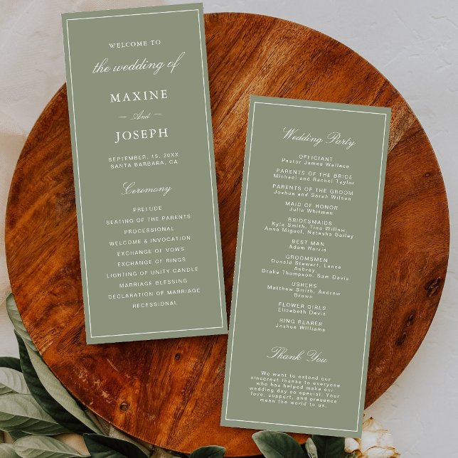 Programme Mariage Classique Vert Poussiéreux Script (Classic dusty green wedding programs guide guests through your celebration with timeless elegance.)