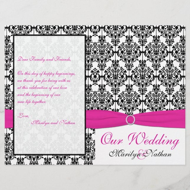 Programme Mariage damassé rose, blanc et noir (Devant)