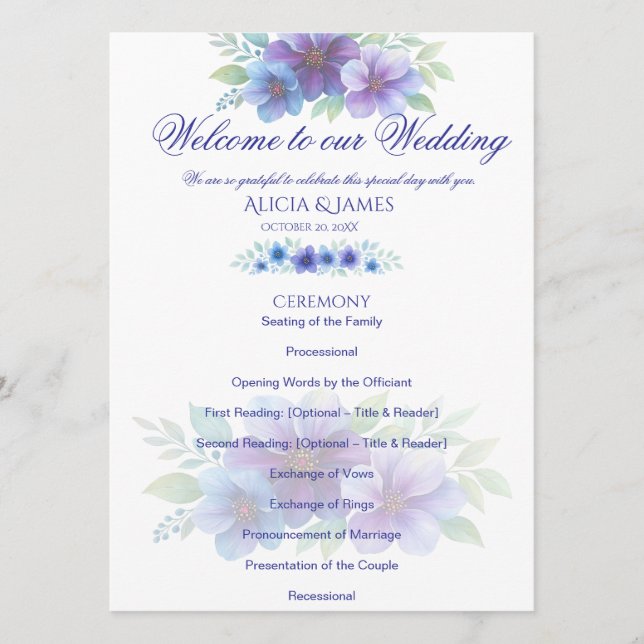 Programme Mariage d'aquarelle romantique bleu violet (Devant)