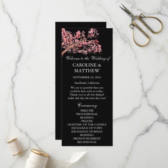 Programme Mariage d'aquarelle rose fleurs cerise (Devant/Arrière en situation)
