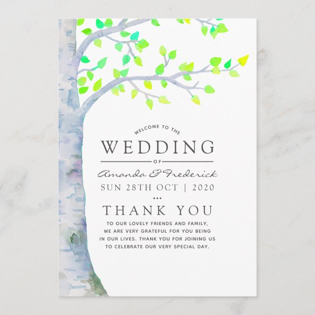 Programme Mariage d'arbre de bouleau de printemps aquarelle (Devant)
