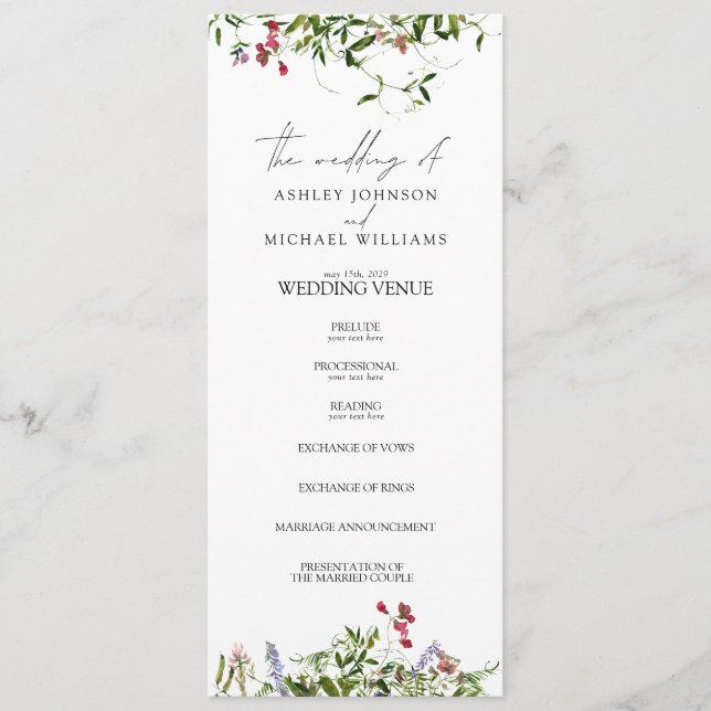 Programme Mariage de calligraphie Fleur sauvage moderne (Devant)