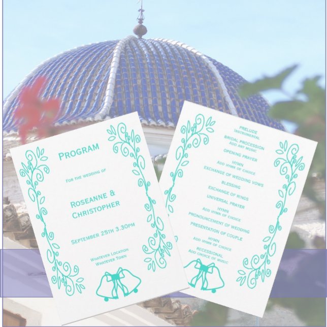Programme Mariage de design de défilement de cloches turquoi (Turquoise wedding church program bells scrollwork design)