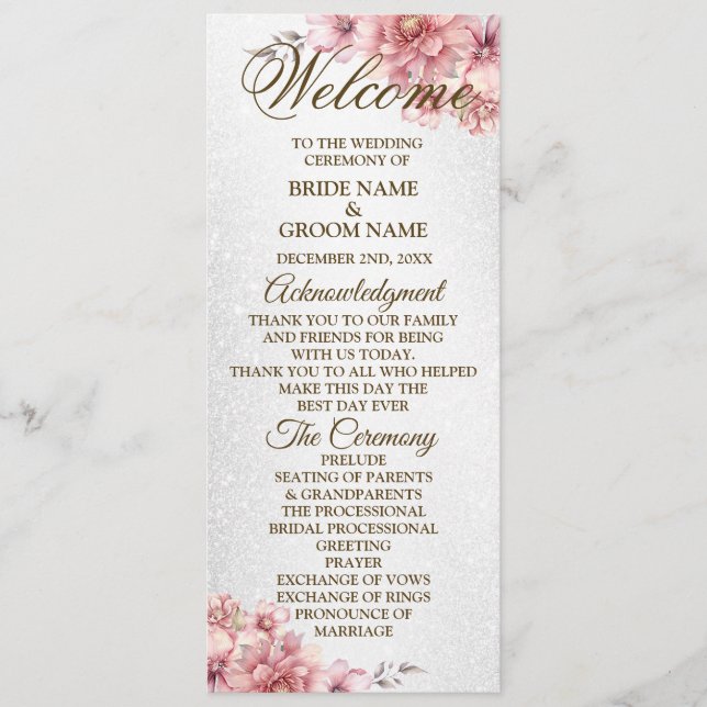 Programme Mariage de fête d'accueil rose aquarelle Fleur bri (Devant)