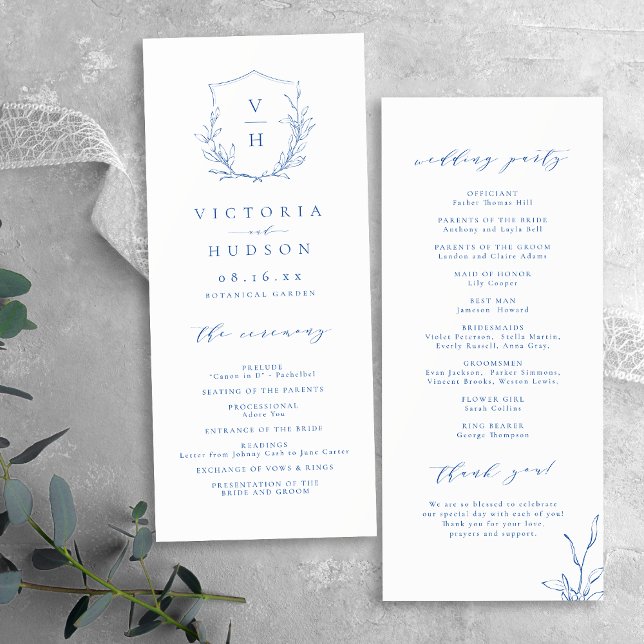 Programme Mariage de monogramme bleu simple de crête botaniq (Blue simple botanical crest monogram wedding Program)