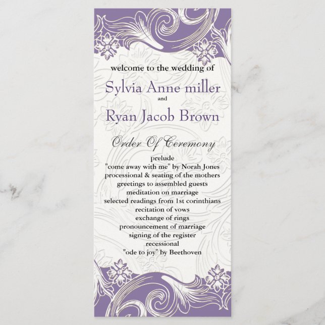 Programme Mariage de printemps floral violet et blanc (Devant)