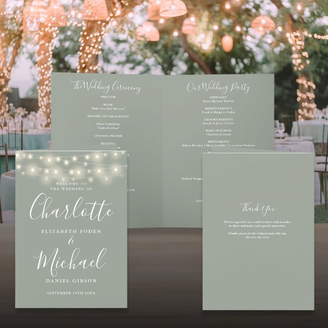Programme Mariage de script élégant Sage Green (String Lights Sage Green Elegant Script Wedding Program)