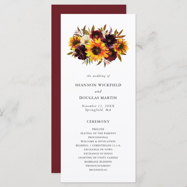 Programme Mariage de tournesol floral de automne rustique (Devant / Derrière)